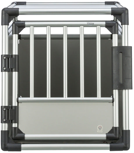 Metallkäfig mit Gitterstäben, schwarzem Rahmen und silbernem Gehäuse, geeignet als Transportlösung.