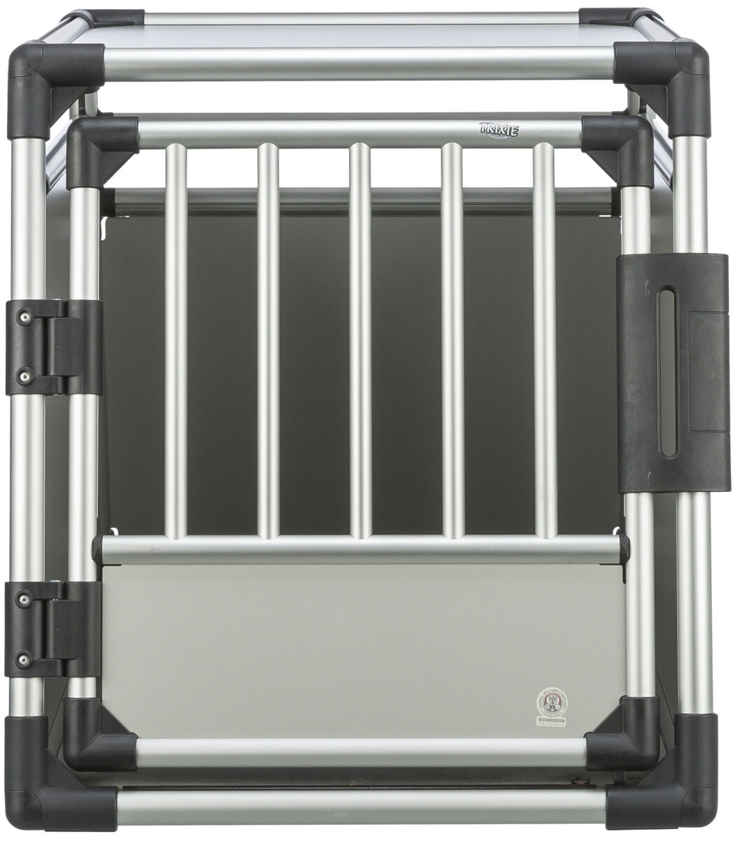 Metallkäfig mit Gitterstäben, schwarzem Rahmen und silbernem Gehäuse, geeignet als Transportlösung.