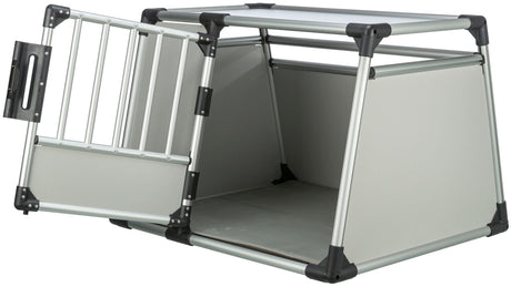 Transportbox aus silberfarbenem Metall mit parallelen Stäben und schwarzem Griff, trapezförmiges Design, offen.