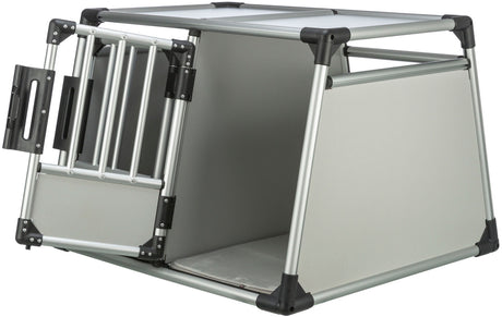 Transportbox aus silbernem Metall mit schwarzem Kunststoffrahmen und Gittertür, rechteckige Form.