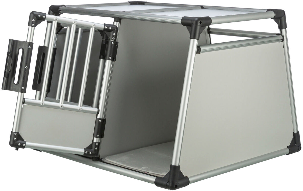 Transportbox aus silbernem Metall mit schwarzem Kunststoffrahmen und Gittertür, rechteckige Form.