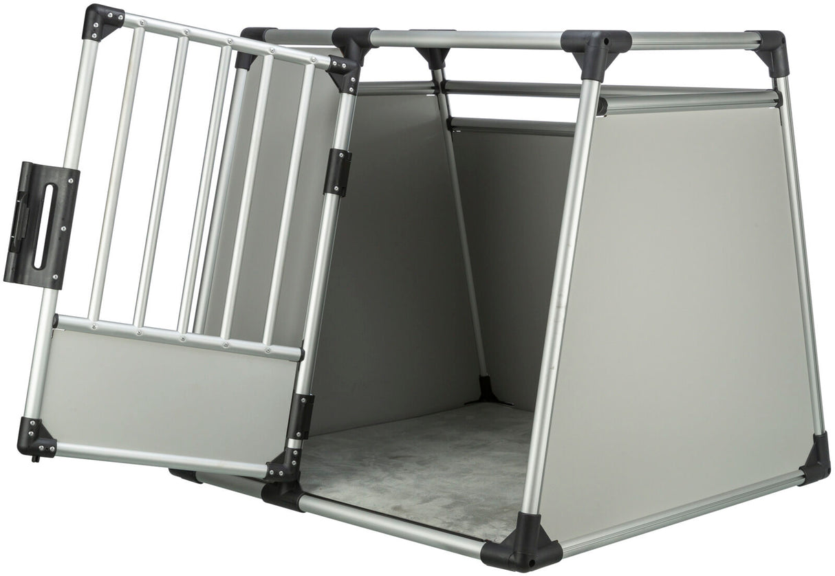 Transportbox aus Metall mit offener Tür, grauen Wänden und schwarzem Verstärkungen, rechteckige Form.