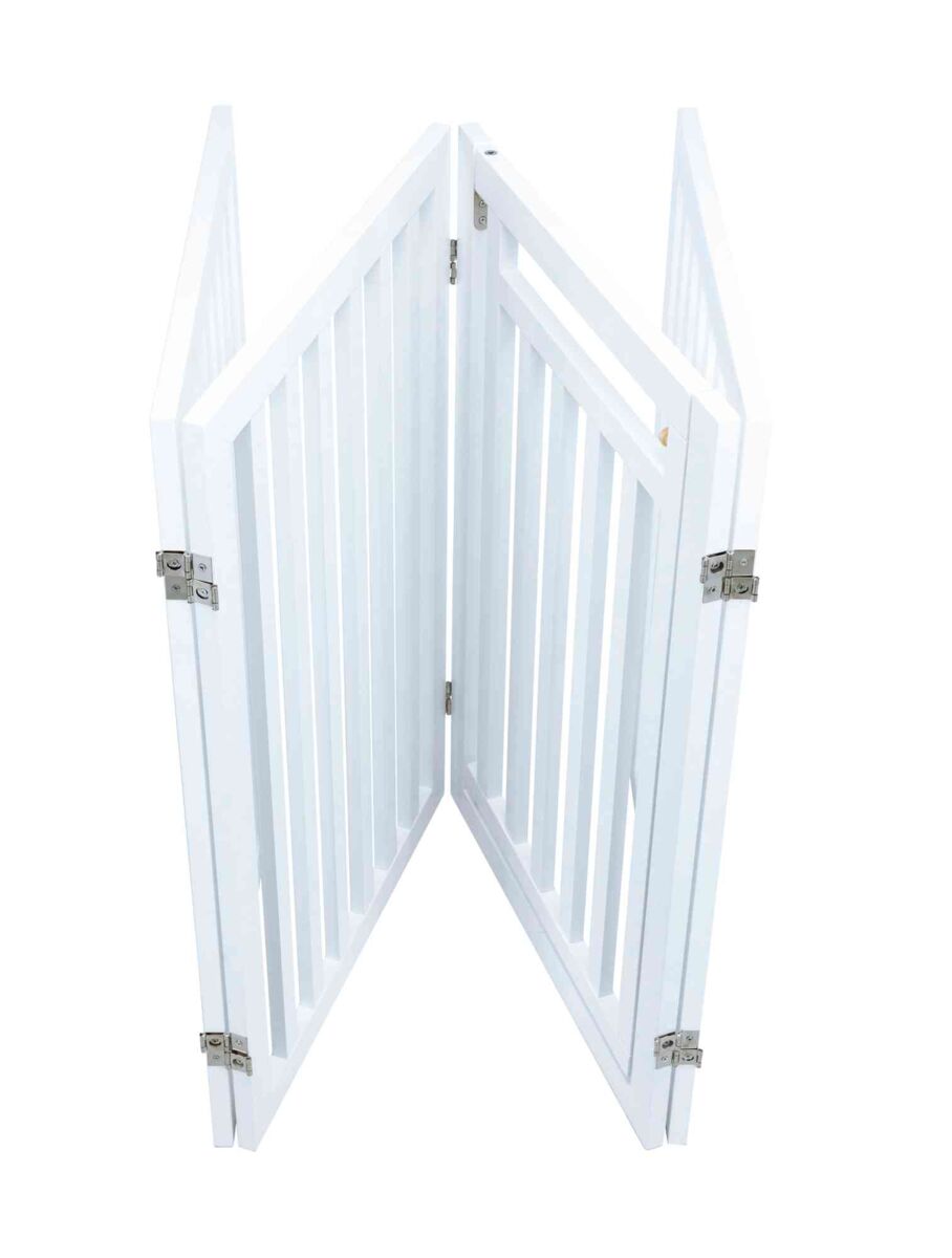 Weißes klappbares Gitter mit Scharnieren, bestehend aus drei miteinander verbundenen Paneelen.