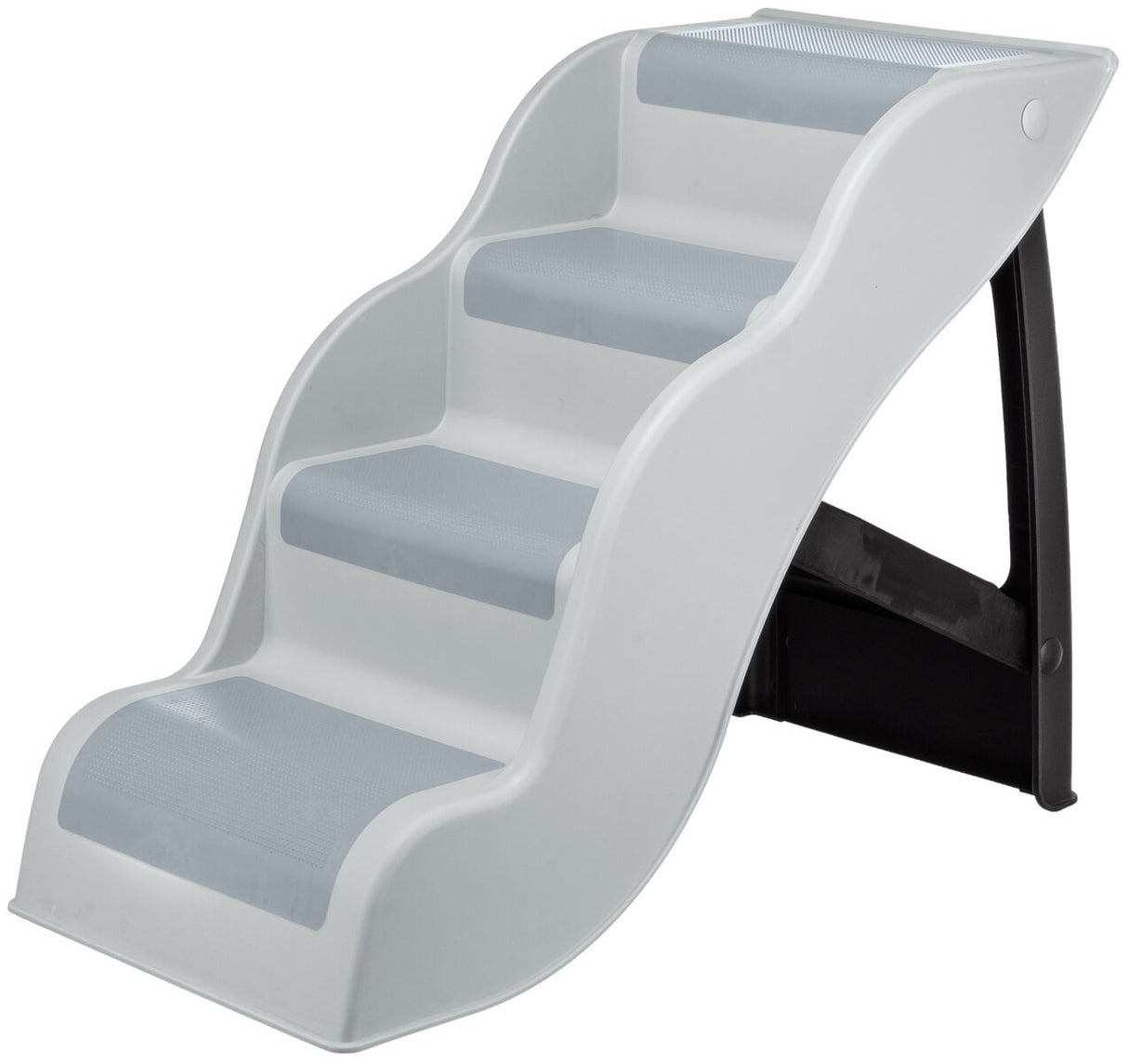 Weiße Treppe mit vier Stufen und grauen Trittflächen, geschwungene Seitenteile, schwarzes Gestell hinten.