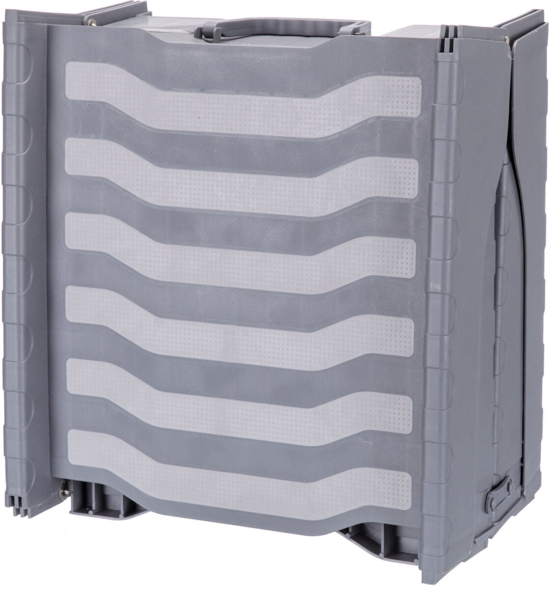 Graue Kunststoffbox mit Griff, vertikale Streifenstruktur und rechteckiger Form.