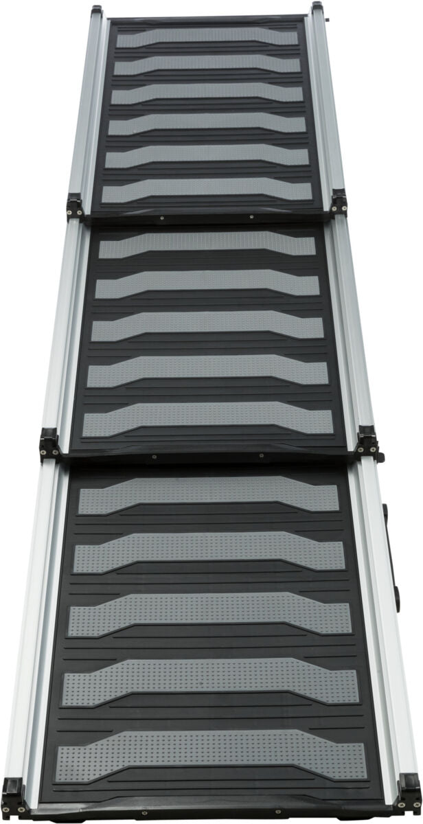 Dreiteilige schwarze und graue Rampe mit rutschfestem Design und seitlichem Metallrahmen.