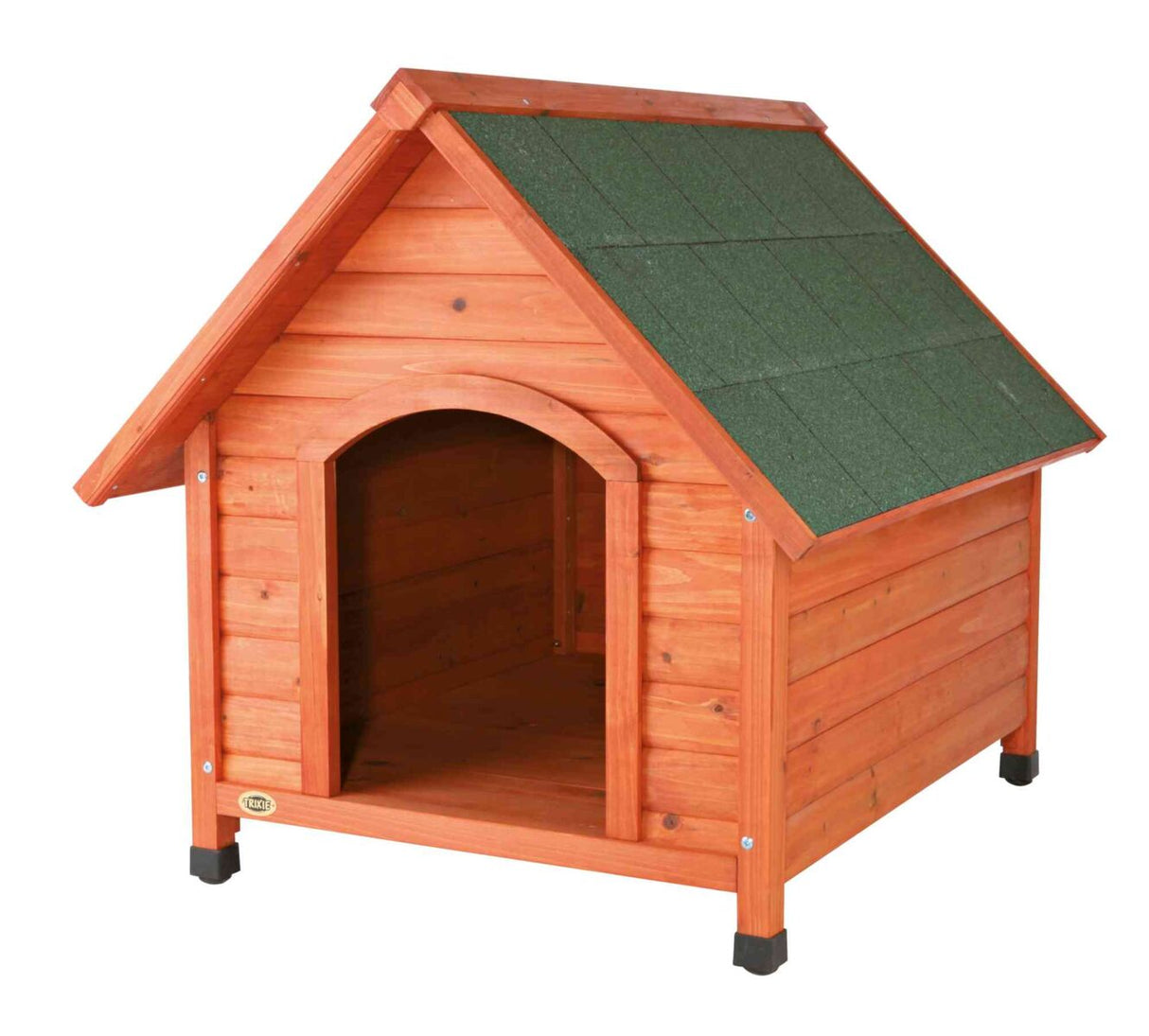 Holz-Hundehütte mit grünem Dach, rechteckiger Türöffnung und erhöhtem Boden auf schwarzen Kunststofffüßen.
