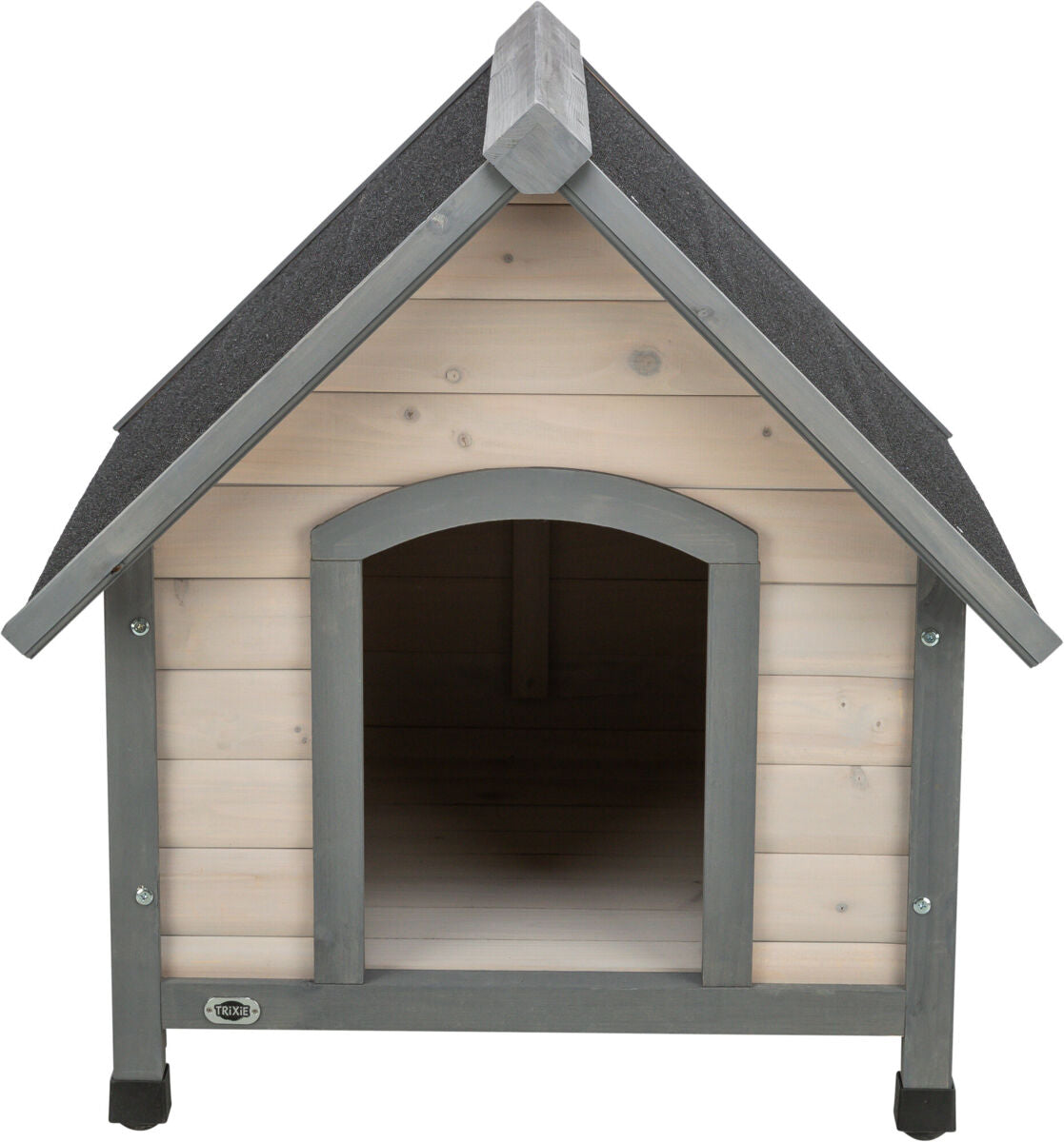 Holzhaus in Grau mit Schrägdach und offenem Eingang, sichtbar sind Schrauben an den Ecken.
