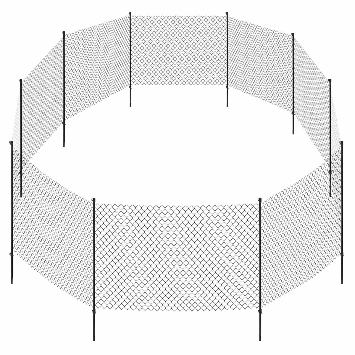 Ein kreisförmiger, schwarzer Metallzaun aus Gittergeflecht mit mehreren vertikalen Pfosten.