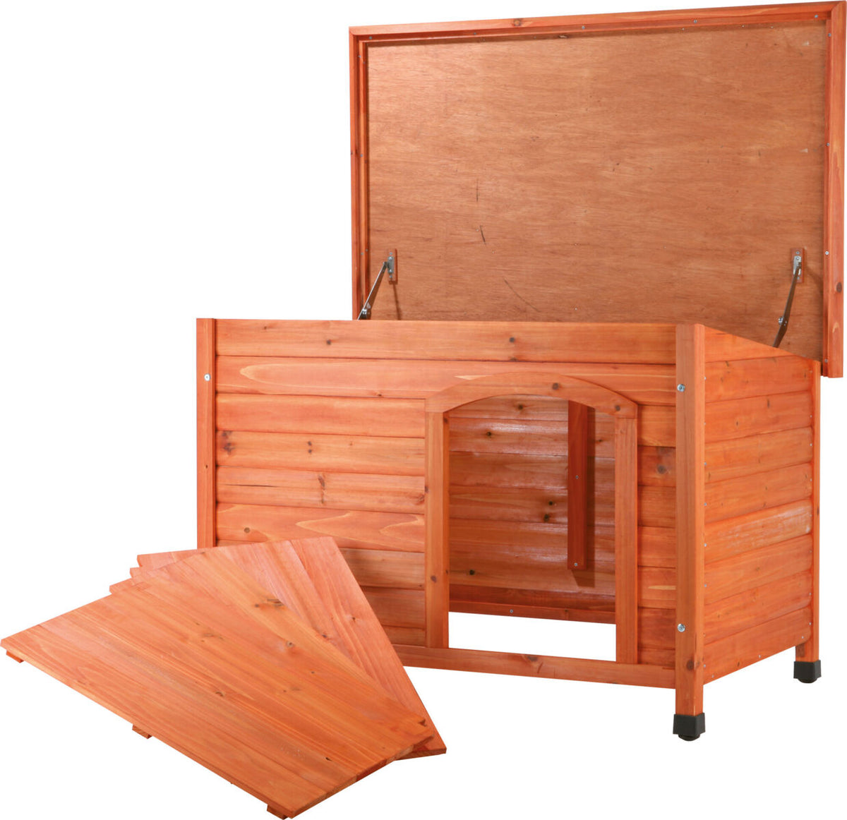 Holzkiste mit offenem Deckel und herausnehmbaren Paneelen, in natürlichem Holzton, mit rechteckigem Eingang.