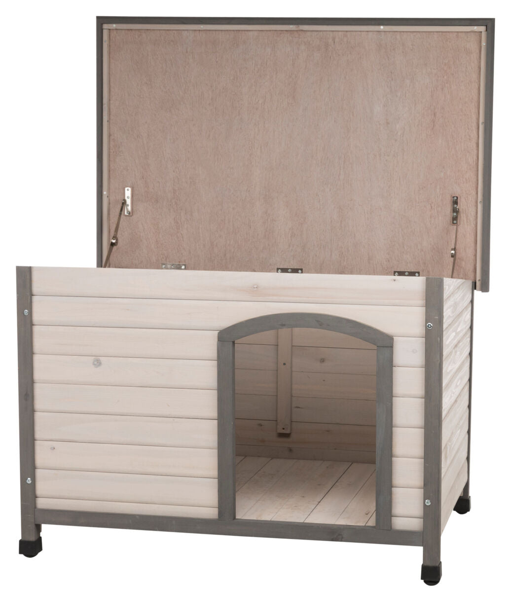 Hellbraune Holzhütte mit aufklappbarem Dach und rechteckigem Eingang, grau umrandet, auf Rollen.