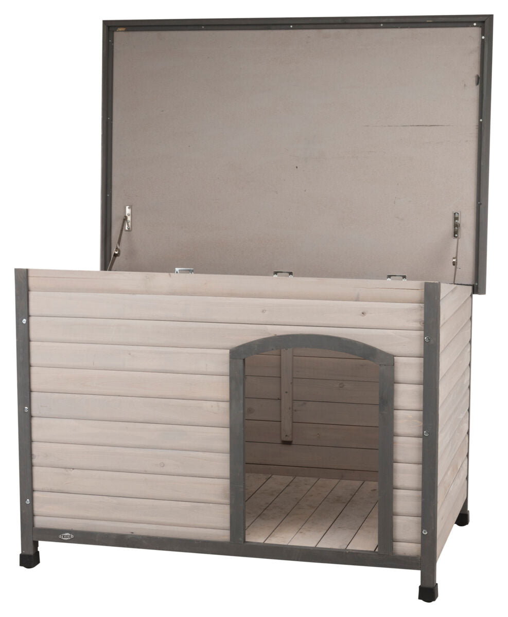 Holz-Hundehütte in rechteckiger Form mit offenem Dach, helle Holzbretter, grauer Metallrahmen, Türöffnung vorne.