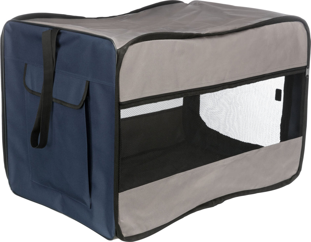 Rechteckige Transportbox mit blauen und grauen Seiten, Netzfenster und einer schwarzen Trageschlaufe.