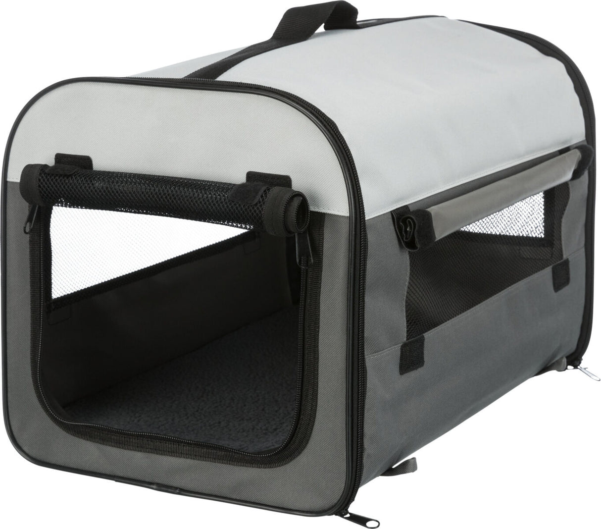 Graue Transportbox mit Netzeinsätzen, Tragegriff oben und zwei großen Öffnungen an der Seite und vorne.