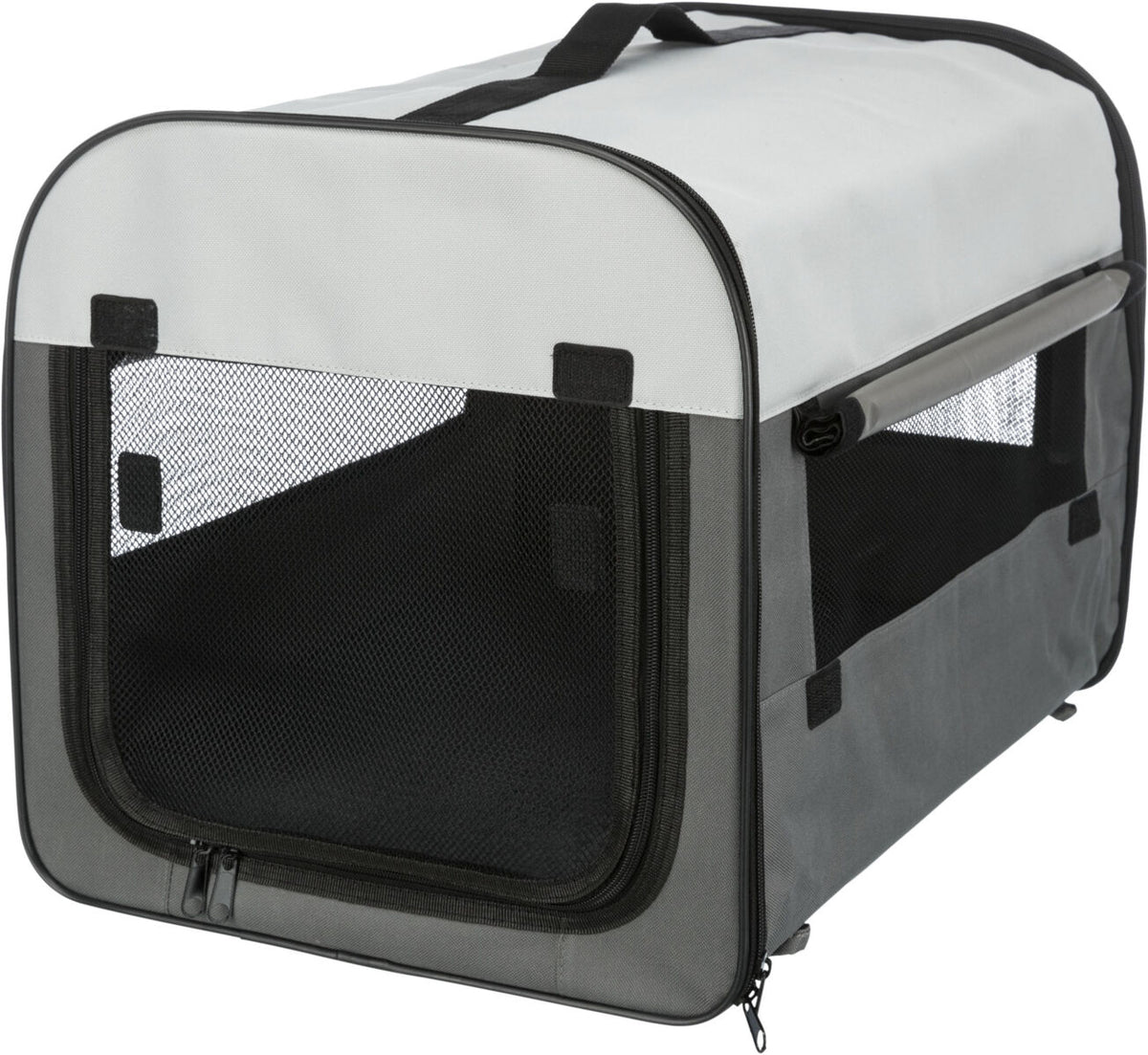 Graue Transportbox mit Mesh-Fenstern und schwarzem Reißverschluss, Tragetasche oben angebracht.