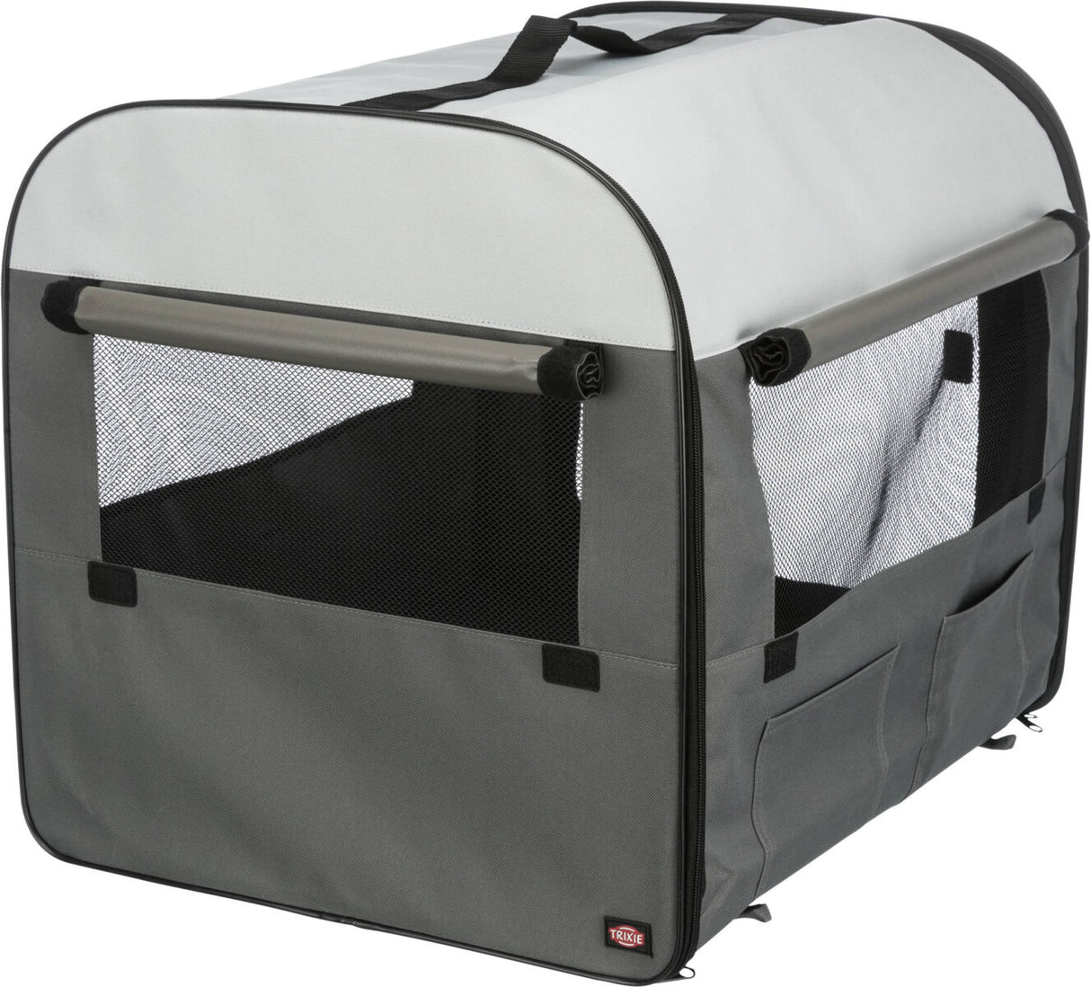 Graue faltbare Transportbox mit Netzeinsätzen und schwarzem Tragegriff, seitlich eine Tasche.