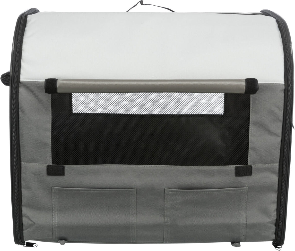 Graue und weiße Box mit schwarzen Netzfenstern, Reißverschlüssen und Taschen auf der Vorderseite.