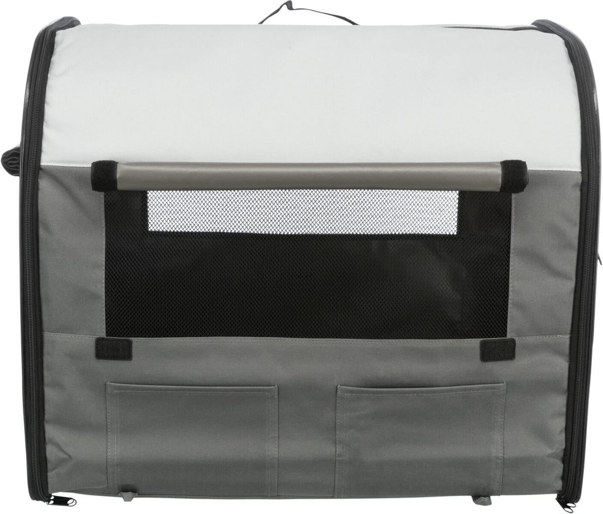 Graue und weiße Box mit schwarzen Netzfenstern, Reißverschlüssen und Taschen auf der Vorderseite.
