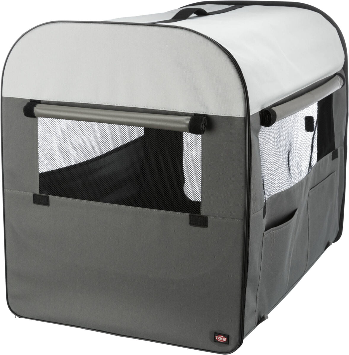 Tragetasche in Grau mit Mesh-Fenstern auf drei Seiten und einem Griff oben, geeignet für den Transport.