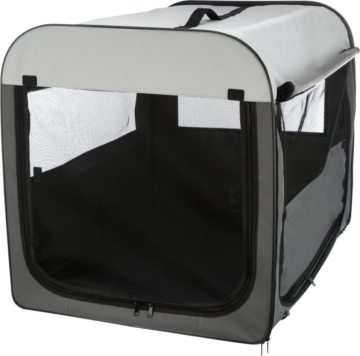 Grau-schwarze Tragetasche mit Netzfenstern und Reißverschlüssen, rechteckige Form, Tragegriff oben.