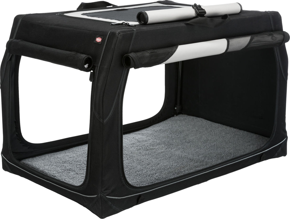Schwarze, faltbare Transportbox mit grauem Innenpolster und seitlichen Netzeinsätzen für Belüftung.