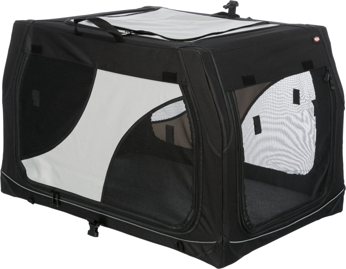 Schwarze und weiße Transportbox mit Netzfenstern und Tragegriff oben.