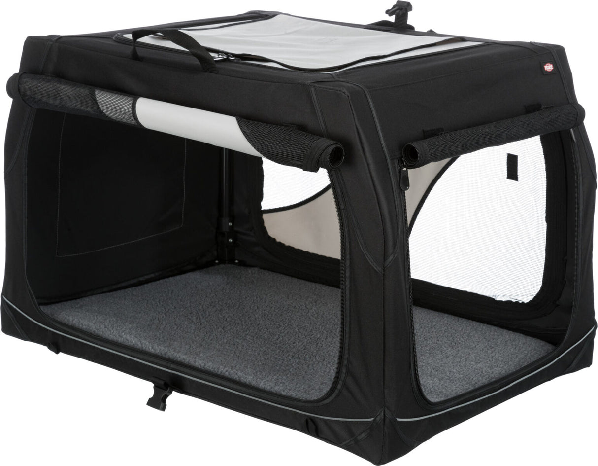 Schwarze Transportbox mit rechteckiger Form, Netzfenstern und hellgrauer Innenseite.