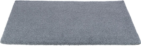 Grauer Teppich mit flauschiger, texturierter Oberfläche, rechteckig auf weißem Hintergrund.