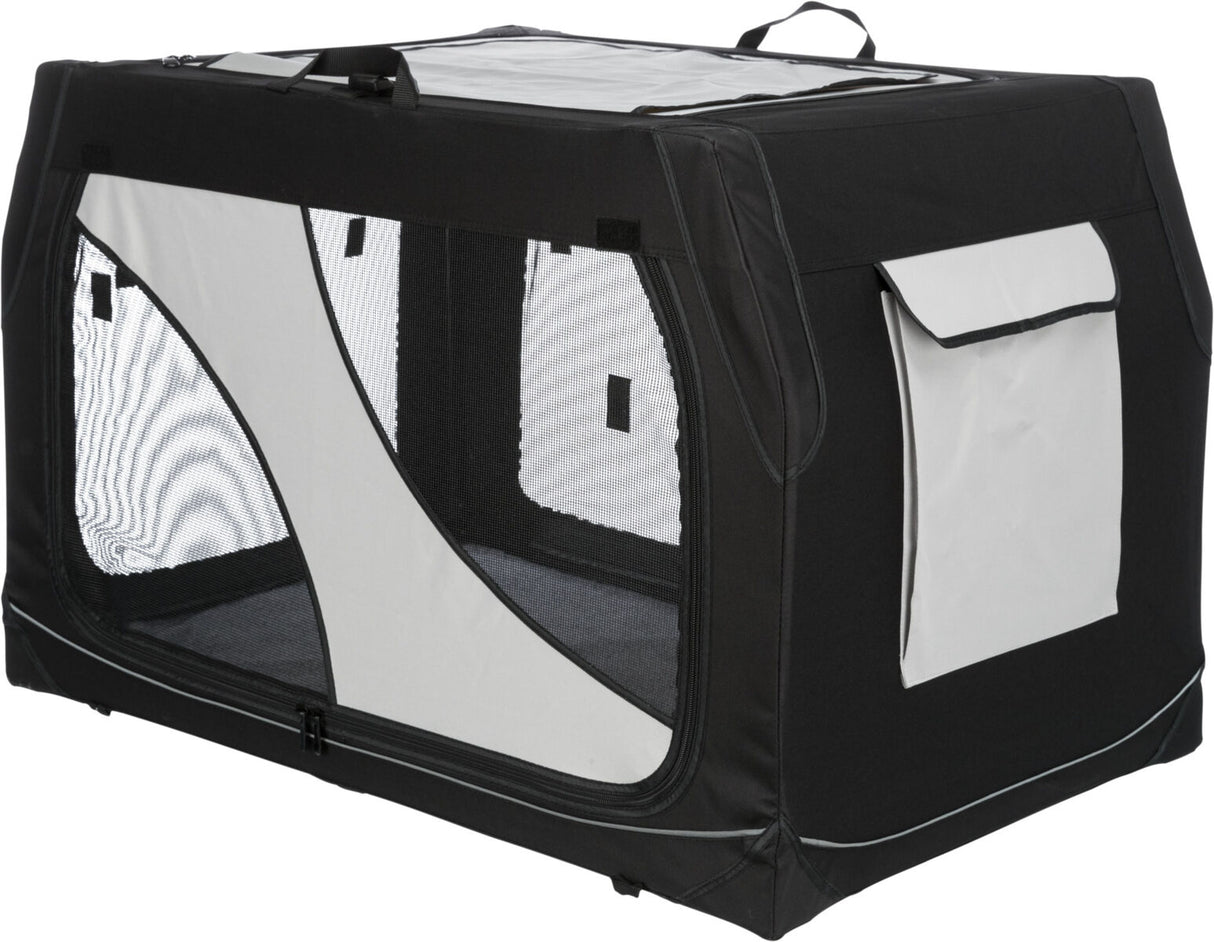 Schwarze und weiße Transportbox mit Netzfenstern und Tragegriffen, eckige Form, Klappe an der Seite.