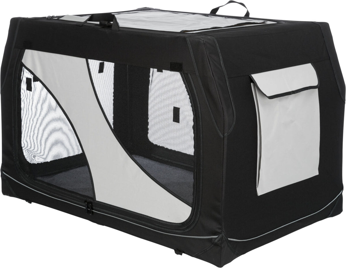 Schwarze und weiße Transportbox mit Netzfenstern und Tragegriffen, eckige Form, Klappe an der Seite.