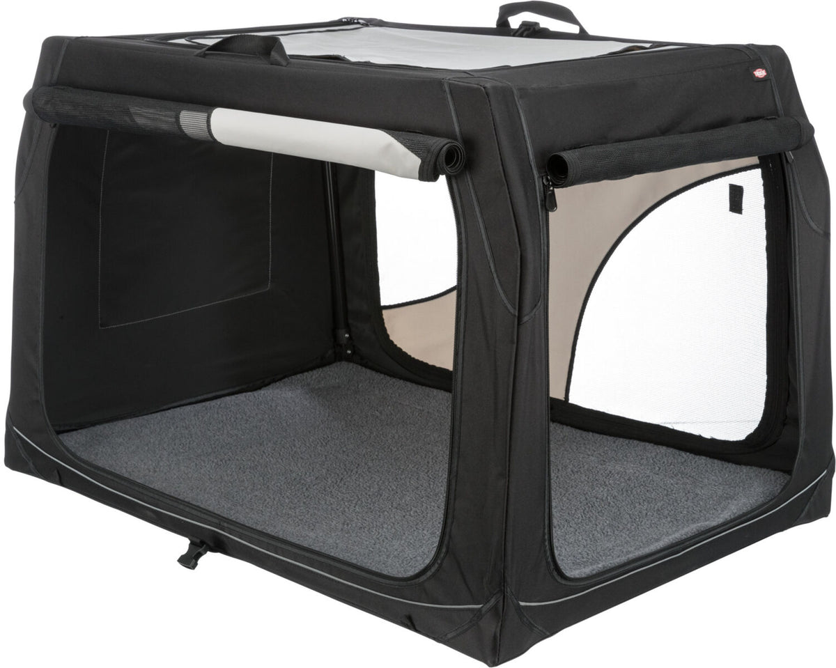 Schwarze faltbare Transportbox mit grauem Boden und zwei Netzfenstern.