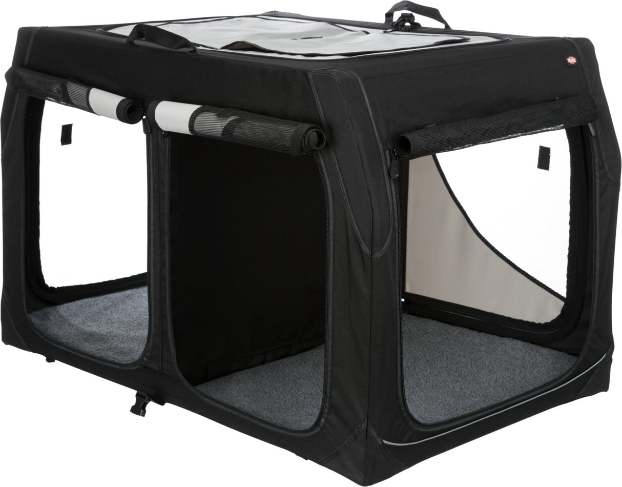 Schwarze, rechteckige Transportbox mit Netzfenstern und grauem Innenboden, oben mit Traggriff ausgestattet.