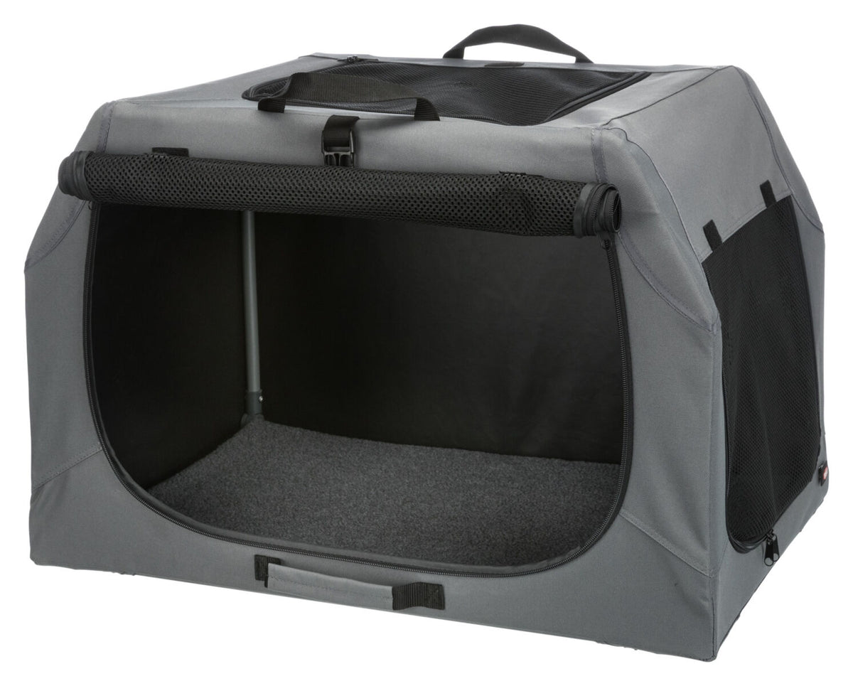 Graue Transportbox mit Netzfenstern und Reißverschlüssen, rechteckige Form mit Tragegriff oben.