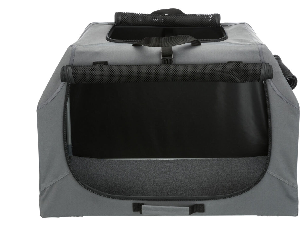 Graue Transporttasche mit Mesh-Einsatz und Tragegriff, vordere Öffnung mit Reißverschluss.