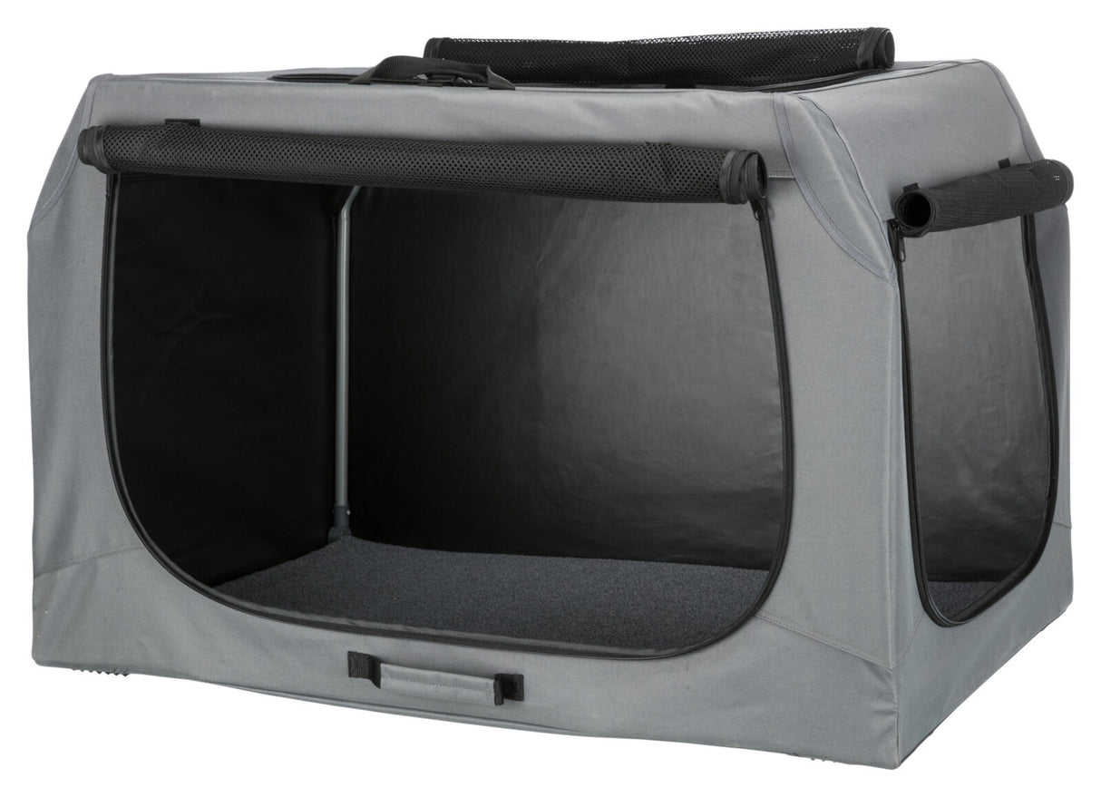 Graue faltbare Transportbox mit Netzfenstern und Reißverschlüssen, offener Eingang, rechteckige Form.
