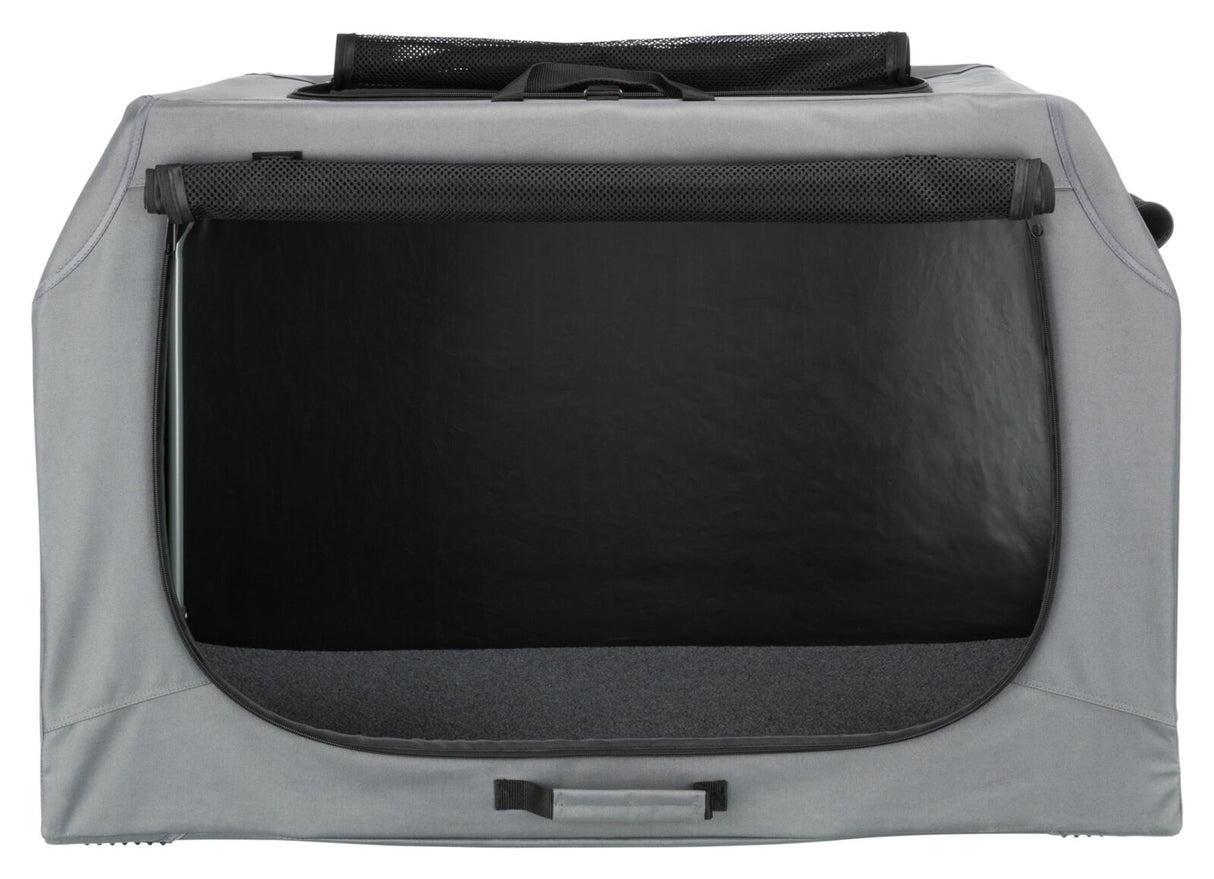 Grau-schwarzer, rechteckiger Transportbehälter mit Netzoberteil und Reißverschlussöffnung vorne.