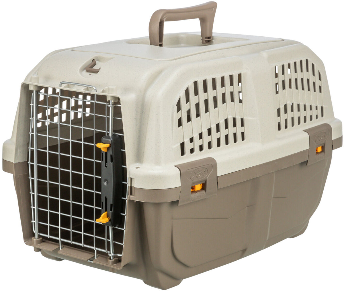 Tragetasche in Beige und Braun mit Gittern und Griff für einfachen Transport.