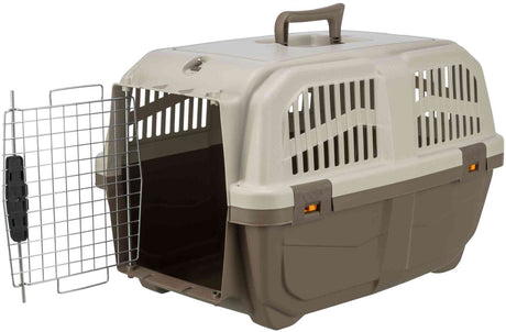 Beige- und braune Transportbox mit Gittertür links geöffnet, Griff oben und Belüftungsschlitzen.