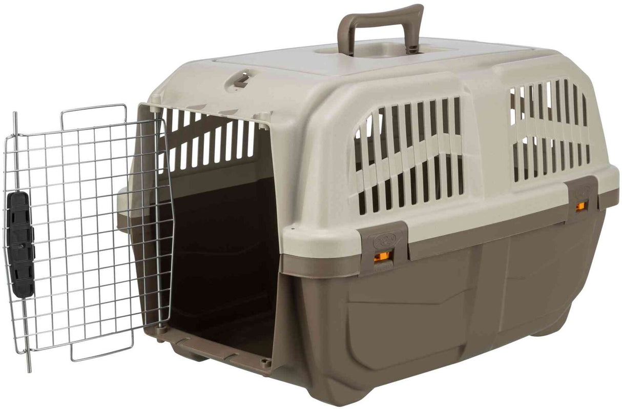 Beige- und braune Transportbox mit Gittertür links geöffnet, Griff oben und Belüftungsschlitzen.