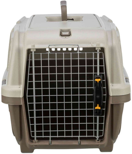 Transportbox aus Kunststoff mit Gittertür und Tragegriff in Beige und Braun.