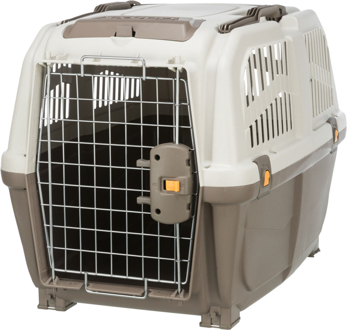 Transportbox aus Kunststoff mit Metallgittertür und Lüftungsschlitzen, in Beige und Braun gehalten.