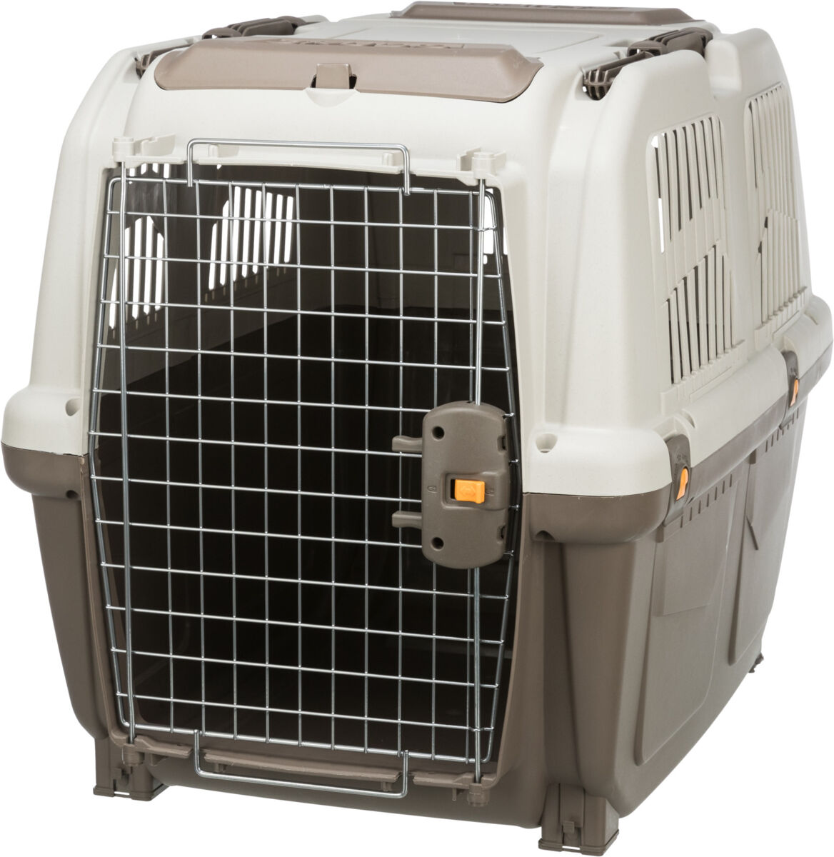 Transportbox mit Metallgittertür in Beige und Braun, große seitliche Belüftungsschlitze erkennbar.