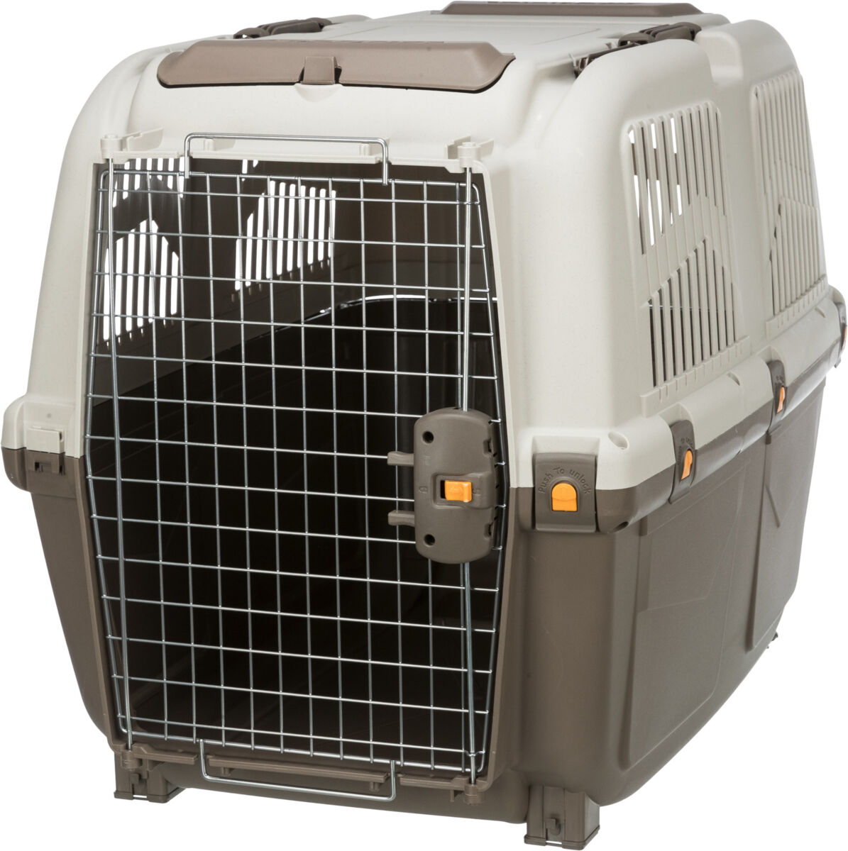 Kunststoff-Tiertransportbox in beige und braun mit Metallgittertür und seitlichen Lüftungsschlitzen.