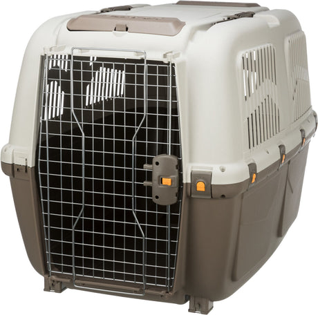 Braune und beige Transportbox mit Gittertür und Lüftungsschlitzen, geeignet für Haustiere.