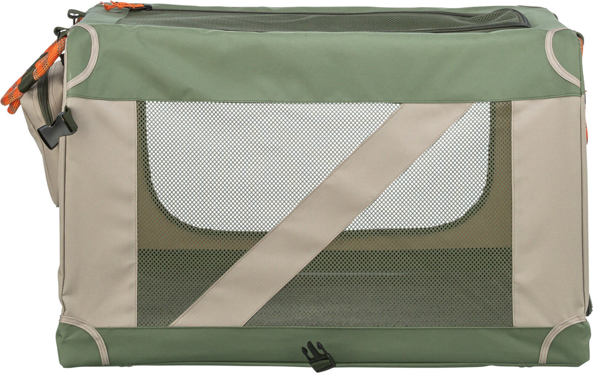 Grüne und beige Tragetasche mit Netzeinsätzen und schwarzen Schnallen auf der Seite.
