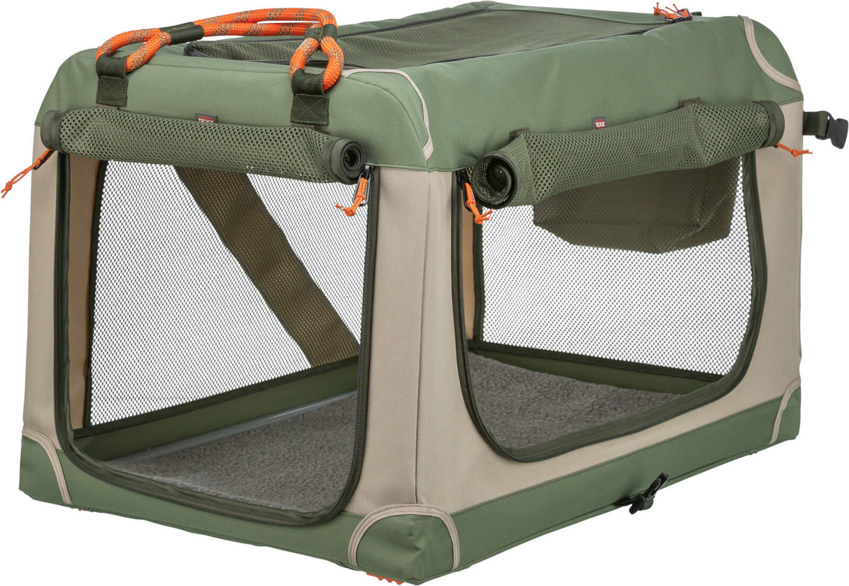 Faltbare Transportbox mit grünem und beigem Stoff, Netzfenstern und orangenen Griffen, geeignet für Tiere.
