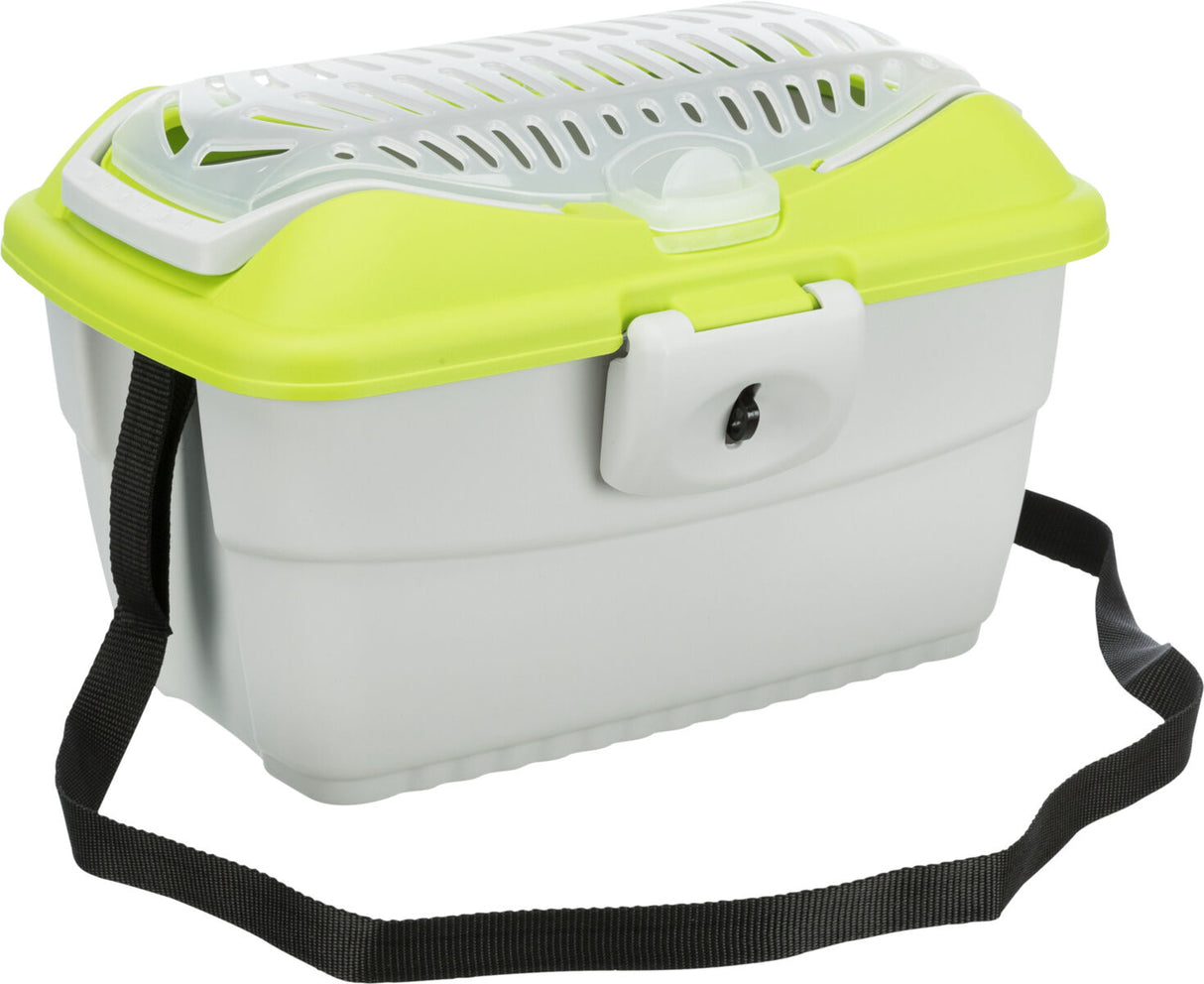 Grauer Transportbehälter mit grünem Deckel und schwarzem Trageriemen, obere Belüftungsöffnungen sichtbar.