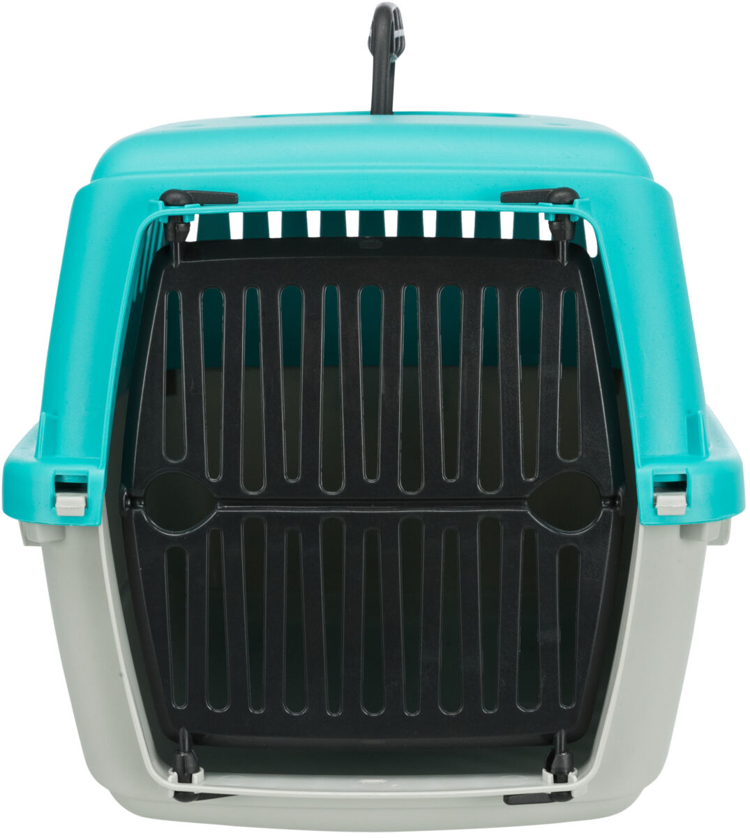 Türkise Transportbox mit schwarzer Gittertür und grauem Boden, oben Tragegriff.