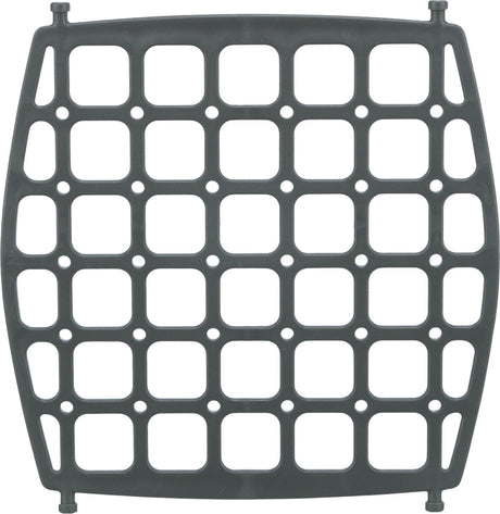 Ein graues, gitterförmiges Objekt mit quadratischen Öffnungen und kleinen Knoten an den Ecken.