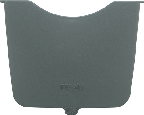 Rechteckige, graue Kunststoffplatte mit abgeschrägtem oberen Rand und eingeprägt sind die Worte "PUSH UP".